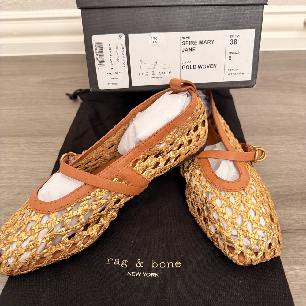 rag & bone Gold Woven Spire Mary Jane Flats with Tan Trim Size 8 US (EU38)